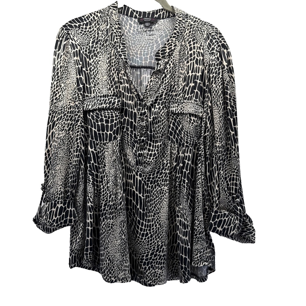 Cocomo Women's Popover Top Size XL Petite Black Ivory Animal Print 3/4 Sleeves